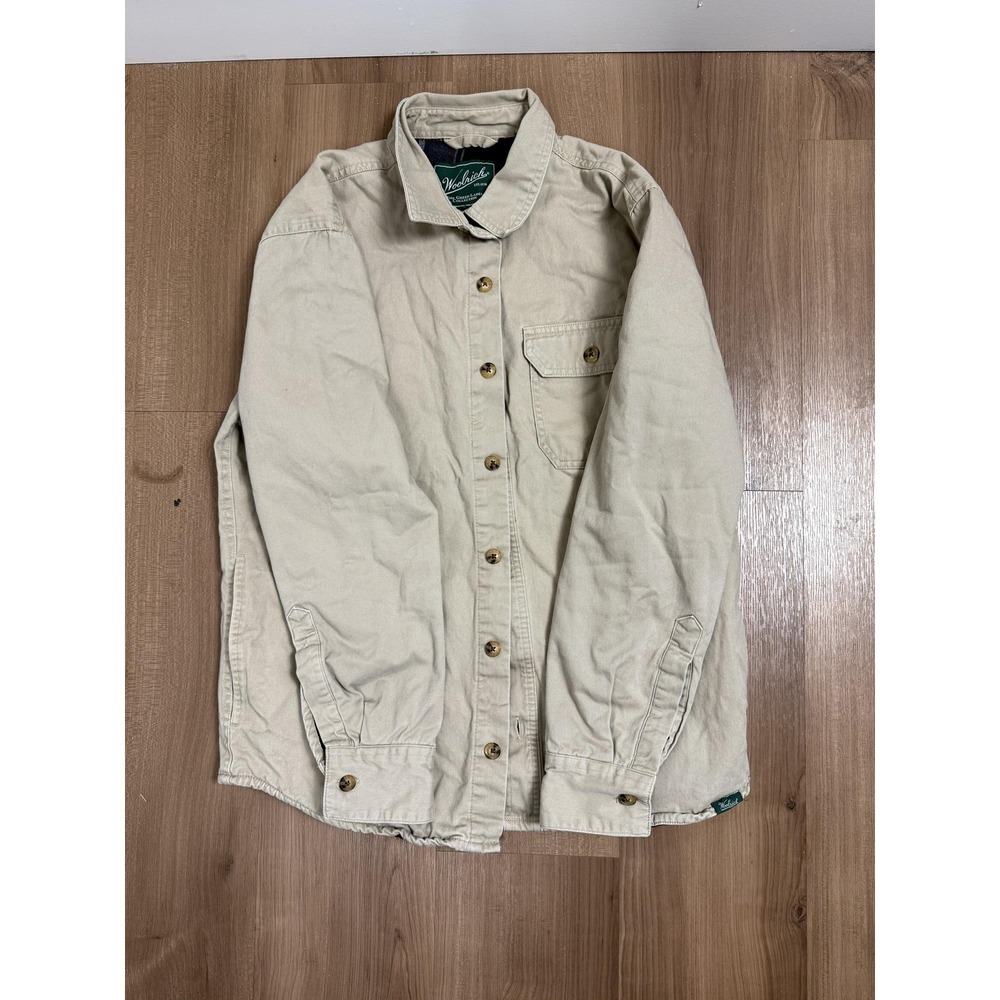 Woolrich Jacket Mens Small Beige Canvas Lined Green Label Shirt Jacket Outdoor